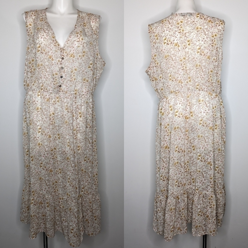 ✨3/$15 Emma & Michelle tan yellow floral sheer v neck summer dress 3X